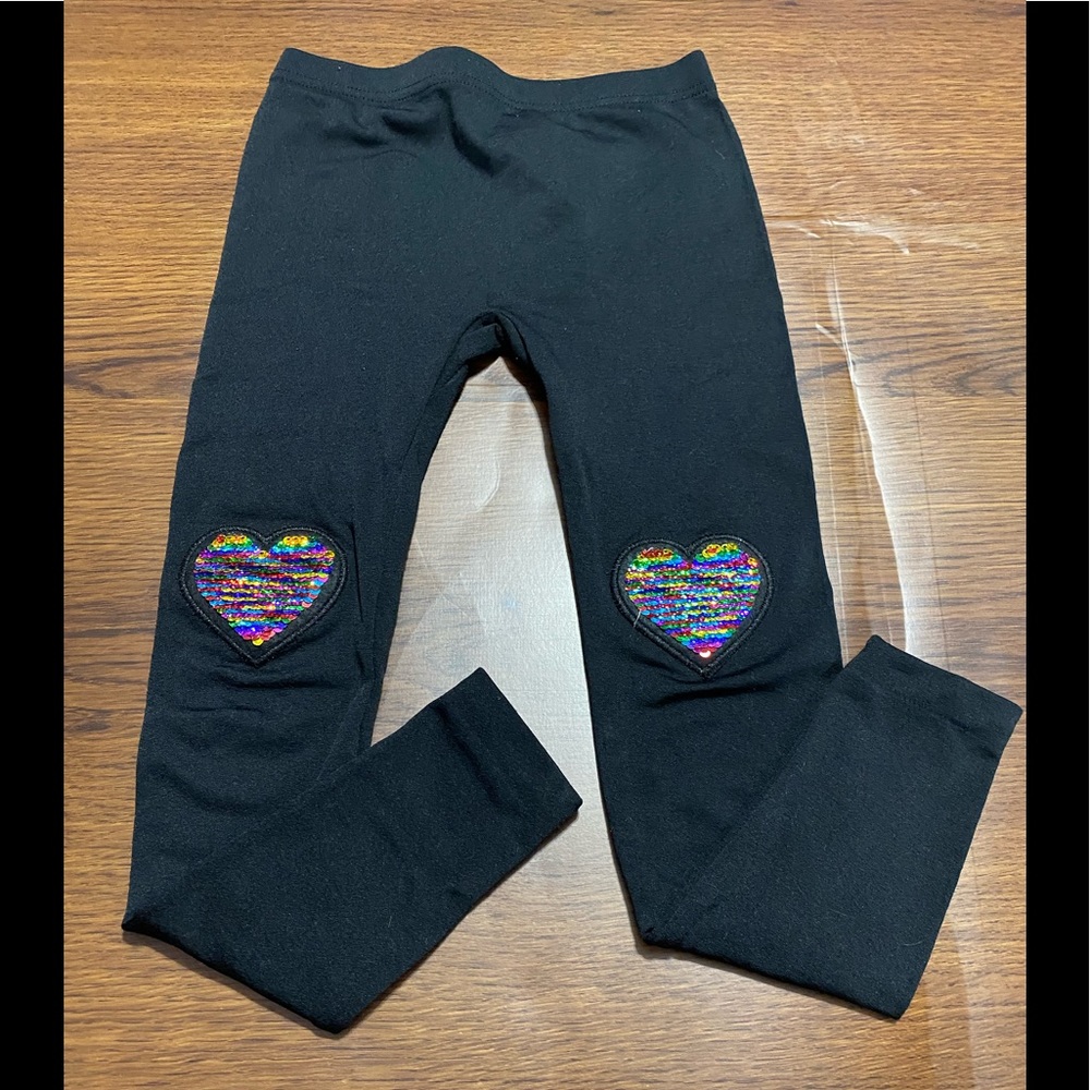 Girls thick warm leggings sequined hearts on the knees.  Big girls size S/M 7/10